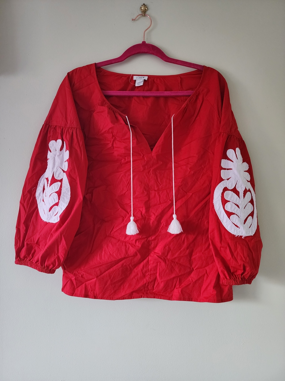 J. Crew Red Peasant Blouse with White Embroidered Sleeves